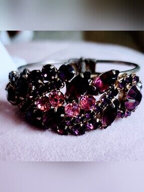 Vintage Gold-Tone Purple & Pink Crystal Cluster Clamp Bracelet.